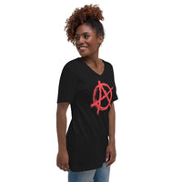 Red Anarchy Symbol design on unisex V-neck shirt, right-front view