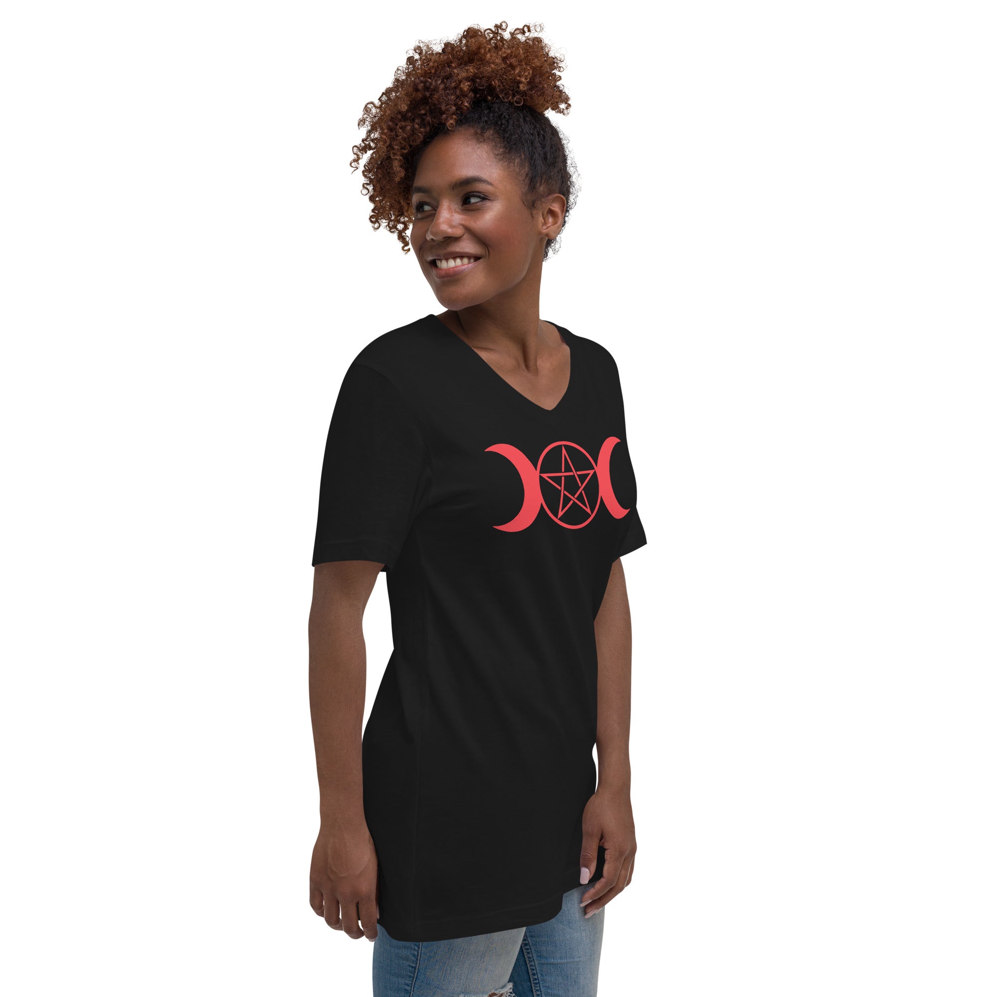 Red Triple Moon Goddess Wiccan Pagan Symbol Women’s Short Sleeve V-Neck T-Shirt