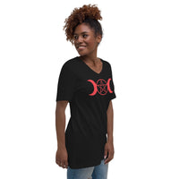 Red Triple Moon Goddess design on unisex V-neck shirt, right-front view