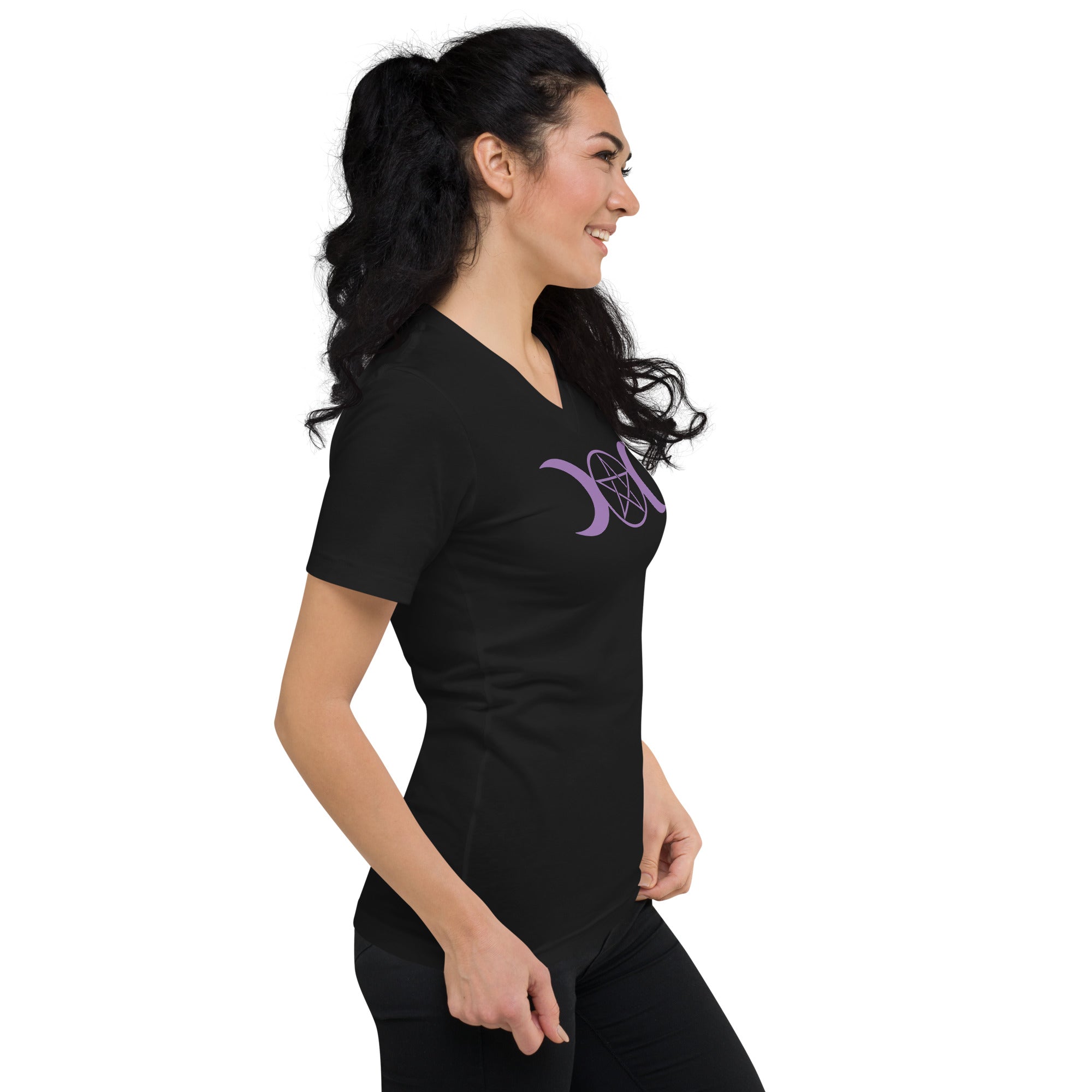 Purple Triple Moon Goddess Wiccan Pagan Symbol Women’s Short Sleeve V-Neck T-Shirt