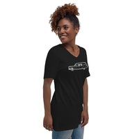 Classic Funeral Hearse design on unisex V-neck shirt, right-front view
