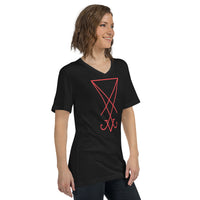 Red Sigil of Lucifer design on unisex V-neck shirt, right-front view