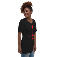Red Inverted Cross design on unisex V-neck shirt, right-front view
