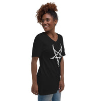 White Melting Inverted Pentagram design on unisex V-neck shirt, right-front view