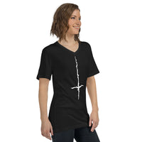 White Melting Inverted Cross design on unisex V-neck shirt, right-front view