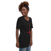 Red Melting Inverted Cross design on unisex V-neck shirt, right-front view