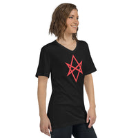Red Unicursal Hexagram design on unisex V-neck shirt, right-front view