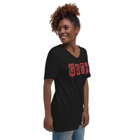 Black Red Gothic Stripes design on unisex V-neck shirt, right-front view