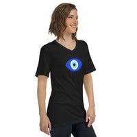 Curse of the Evil Eye design on unisex V-neck shirt, right-front view