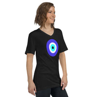 Classic Evil Eye design on unisex V-neck shirt, right-front view