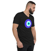 Classic Evil Eye design on unisex V-neck shirt, right-front view