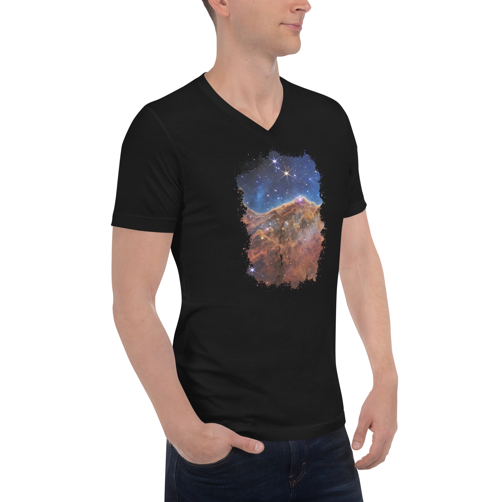 The Carina Nebula Space Graveyard JWST Short Sleeve V-Neck T-Shirt