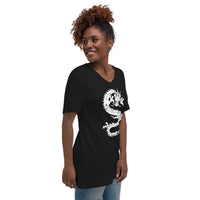 Ancient Chinese Loong Dragon design on unisex V-neck shirt, right-front view