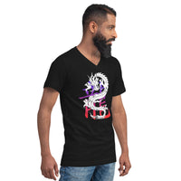 Lucky Chinese Dragon design on unisex V-neck shirt, right-front view