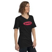 Red Danger Sign design on unisex V-neck shirt, right-front view
