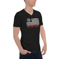 American Satanist Pentagram design on unisex V-neck shirt, right-front view