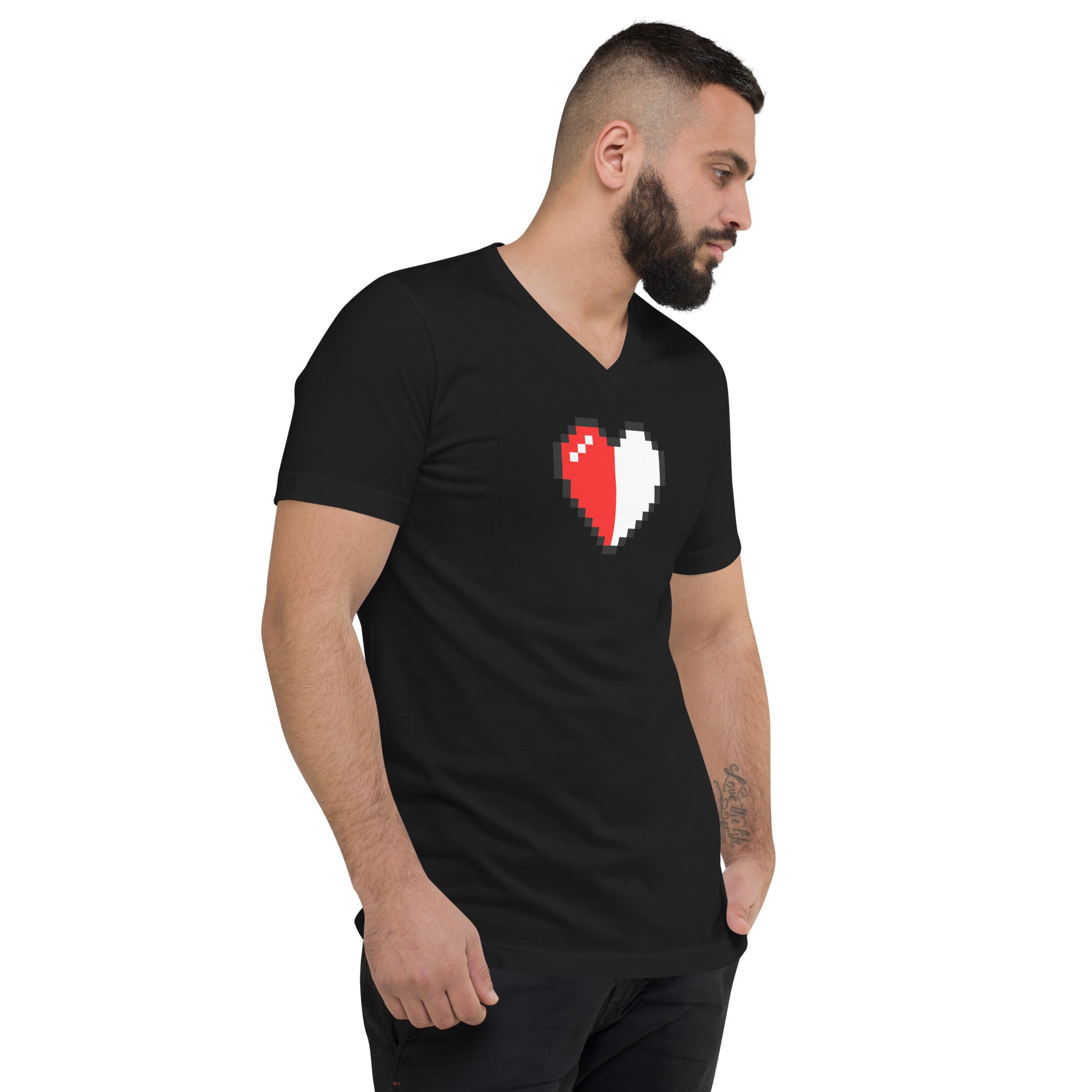 Retro 8 Bit Video Game Pixelated Half Heart Short Sleeve V-Neck T-Shirt
