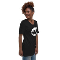 White Novelty Vampire Fangs design on unisex V-neck shirt, right-front view