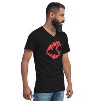 Red Novelty Vampire Fangs design on unisex V-neck shirt, right-front view