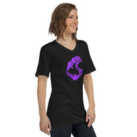 Purple Novelty Vampire Fangs design on unisex V-neck shirt, right-front view