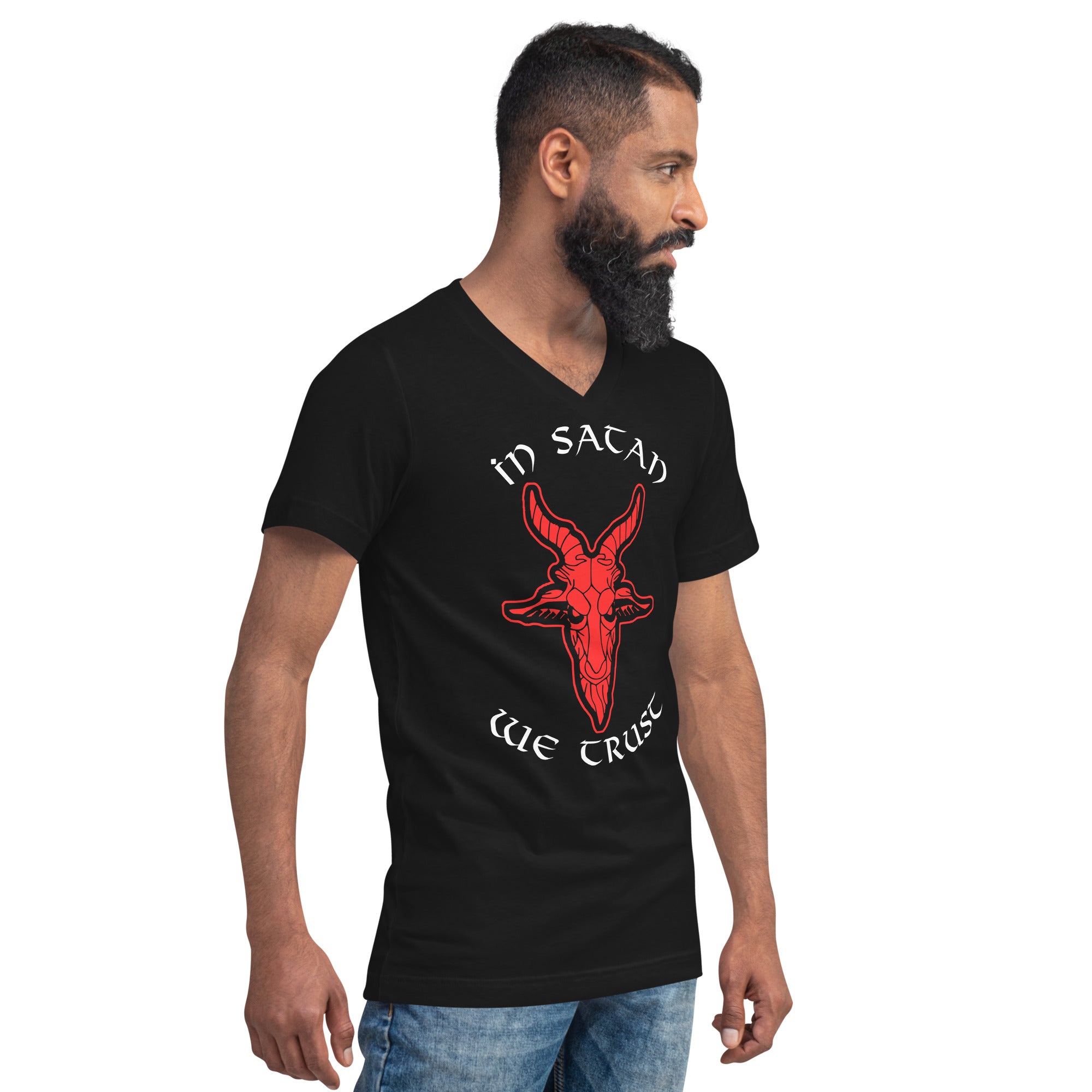 In Satan We Trust 666 Goat Head Occult Short Sleeve V-Neck T-Shirt