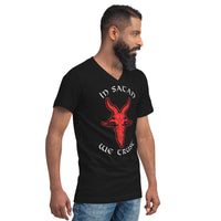 In Satan We Trust 666 Goat Head design on unisex V-neck shirt, right-front view