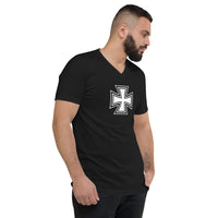 Black White Iron Cross design on unisex V-neck shirt, right-front view