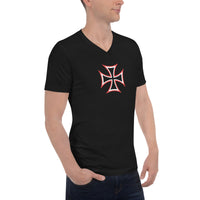 Red White Iron Cross design on unisex V-neck shirt, right-front view