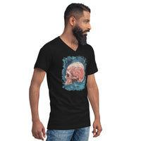 Mystical Blood Skull Side design on unisex V-neck shirt, right-front view