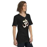 Om Sacred Symbol design on unisex V-neck shirt, right-front view