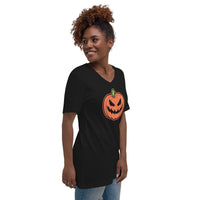 Scary Jack O' Lantern design on unisex V-neck shirt, right-front view