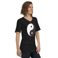 Yin Yang Symbol design on unisex V-neck shirt, right-front view