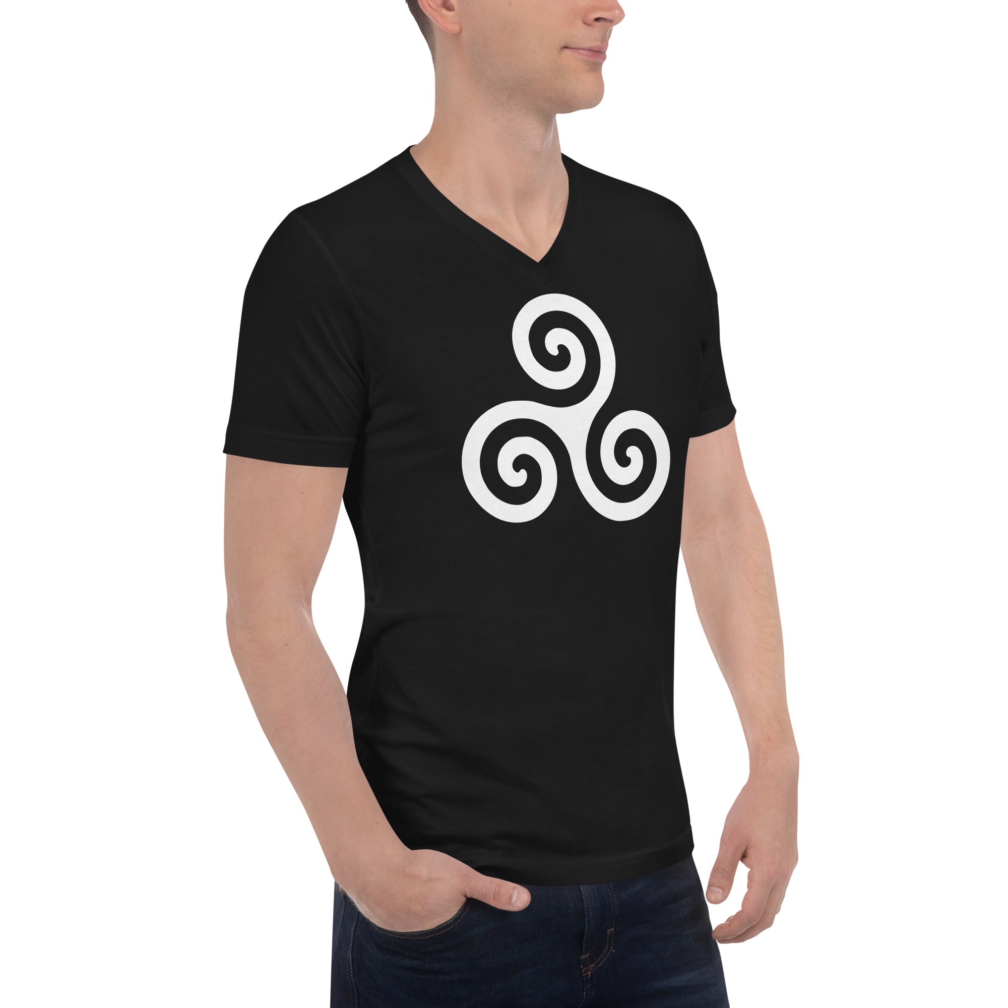 White Triskelion or Triskeles Spiral Archimedean Symbol Short Sleeve V-Neck T-Shirt