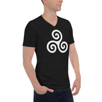 White Triskelion design on unisex V-neck shirt, right-front view