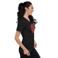 Red Deadly Swirl design on unisex V-neck shirt, right-front view