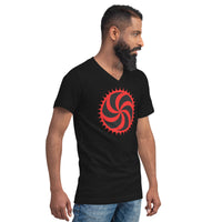 Red Deadly Swirl design on unisex V-neck shirt, right-front view