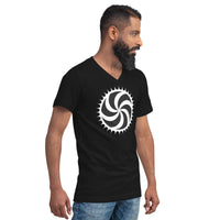 White Deadly Swirl design on unisex V-neck shirt, right-front view