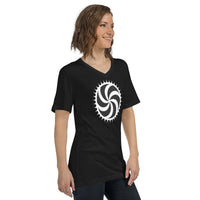 White Deadly Swirl design on unisex V-neck shirt, right-front view