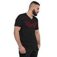 Red Falling Sparrows design on unisex V-neck shirt, right-front view