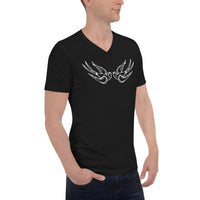 White Falling Sparrows design on unisex V-neck shirt, right-front view