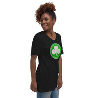 Silver Shamrock Novelties design on unisex V-neck shirt, right-front view