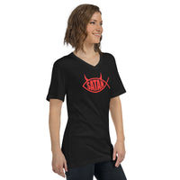 Red Satan Fish design on unisex V-neck shirt, right-front view