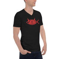 Red Satan Fish design on unisex V-neck shirt, right-front view