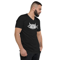White Satan Fish design on unisex V-neck shirt, right-front view