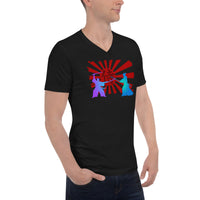 Samurai Duel Rising Sun design on unisex V-neck shirt, right-front view