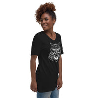 White Samurai Kabuto Mask design on unisex V-neck shirt, right-front view