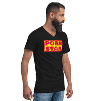 Yellow Red Porn Star Logo design on unisex V-neck shirt, right-front view