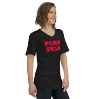Red Porn Star Logo design on unisex V-neck shirt, right-front view
