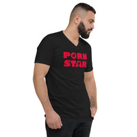 Red Porn Star Logo design on unisex V-neck shirt, right-front view