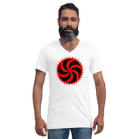 Red Deadly Swirl design on unisex V-neck shirt, front view